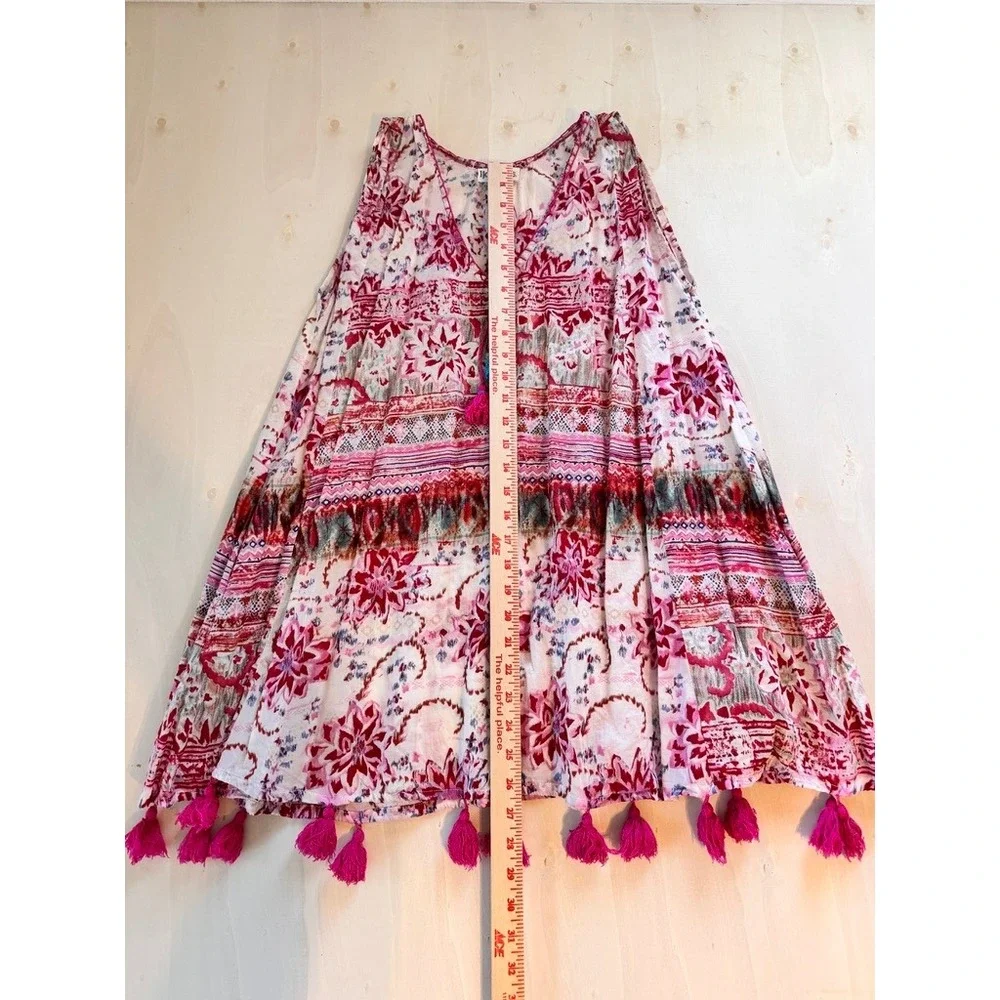 Bohemian Pink Floral Tassel Hem Sleeveless Tunic Top Mini Dress xS